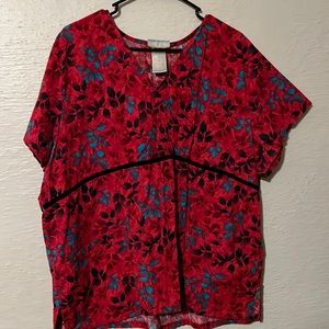 Red Leaf Print Scrub Top